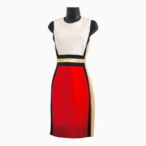 Calvin Klein red tan white black colorblock scuba fit sheath dress size 4‎ new